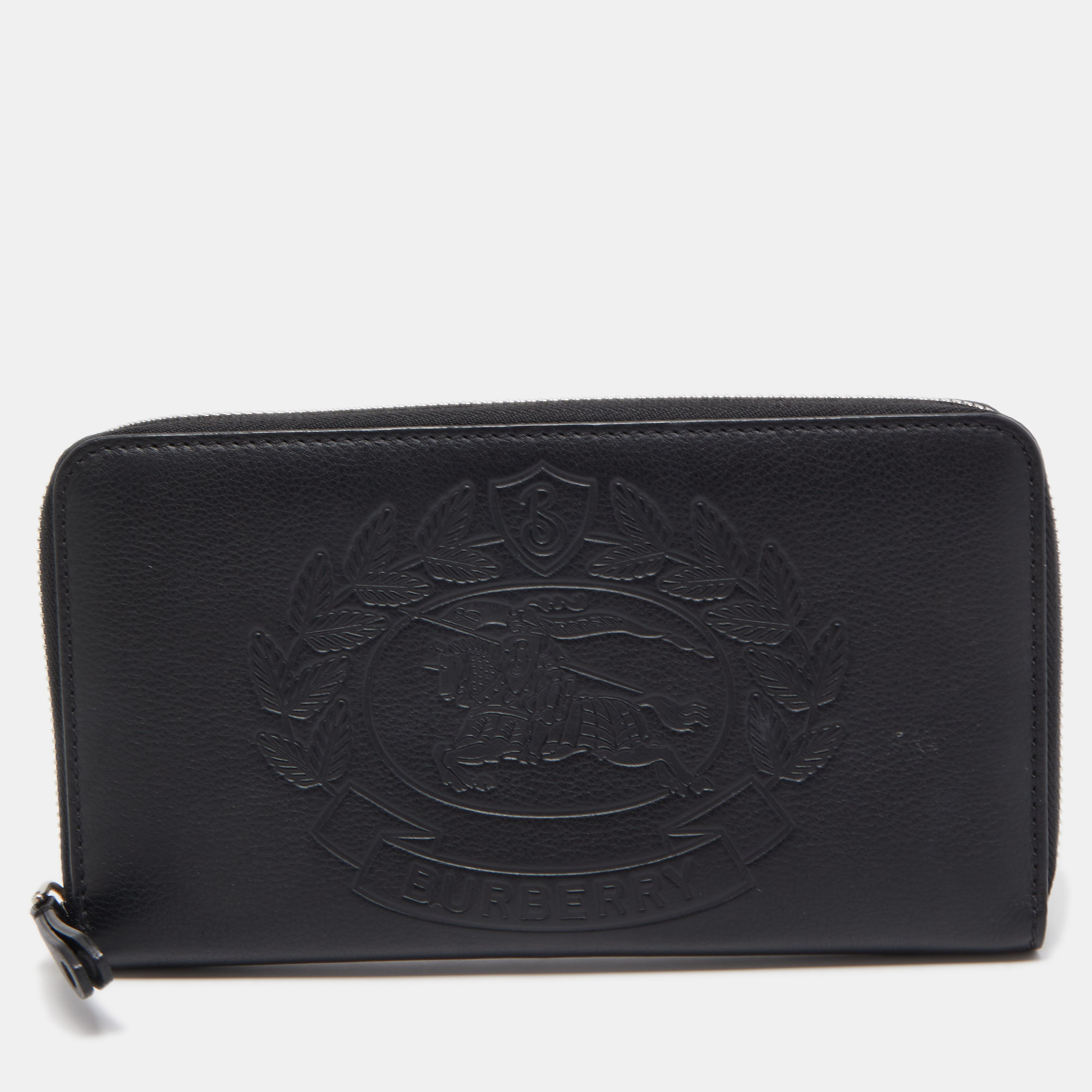 Pre-owned Burberry Black Leather Embossed Crest Zip Around Wallet