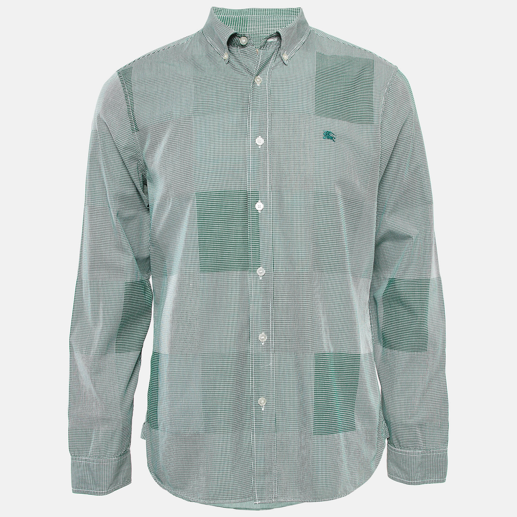 

Burberry Green Gingham Logo Embroidered Cotton Buttoned Down Shirt L