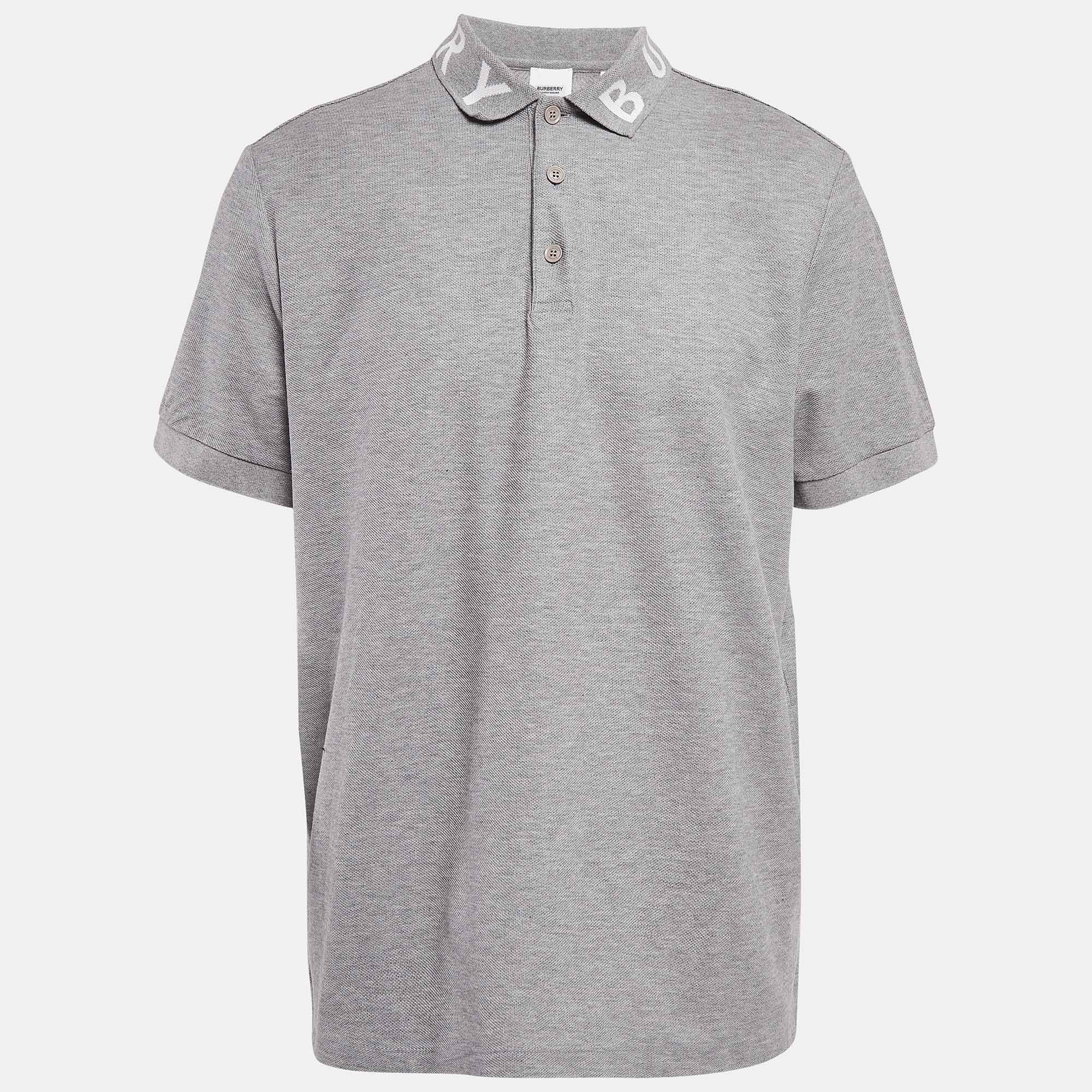 

Burberry Grey Cotton Pique Knit Logo Patterned Collar Polo T-Shirt XL