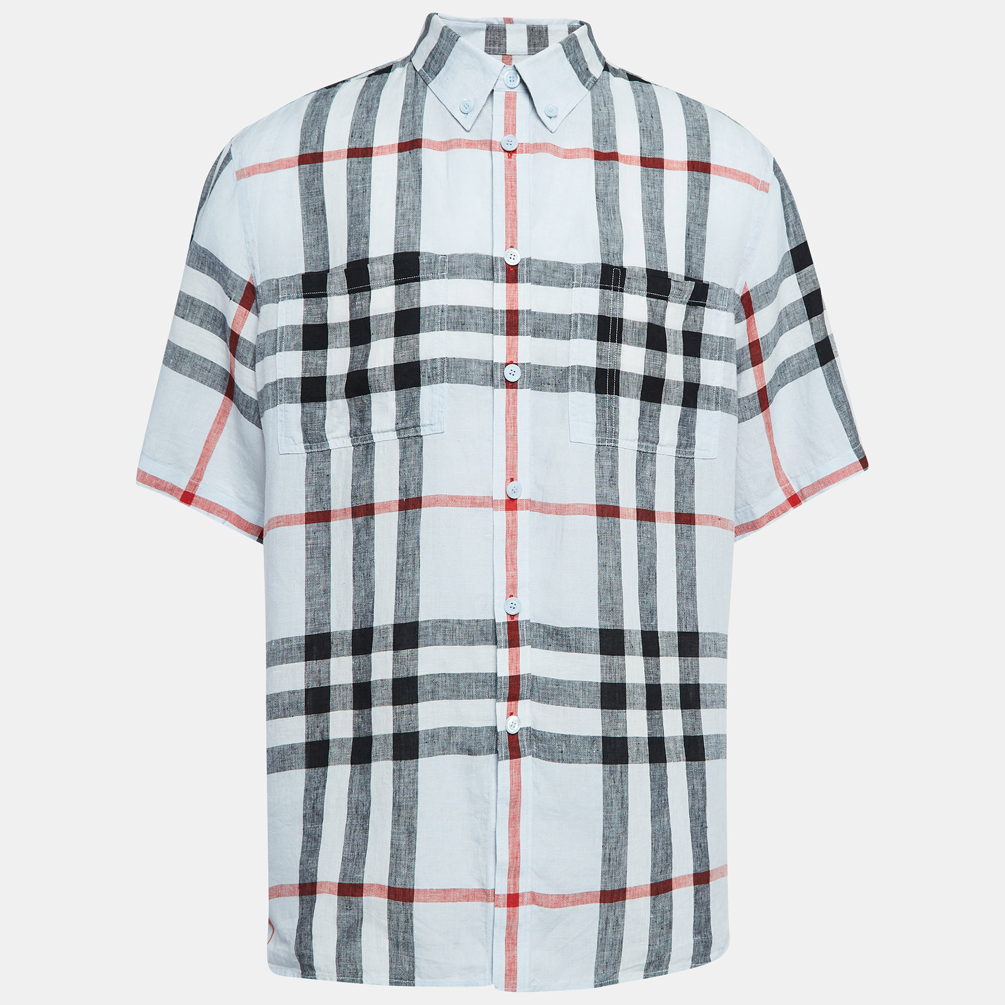 

Burberry Blue Checked Linen Short Sleeve Shirt XL