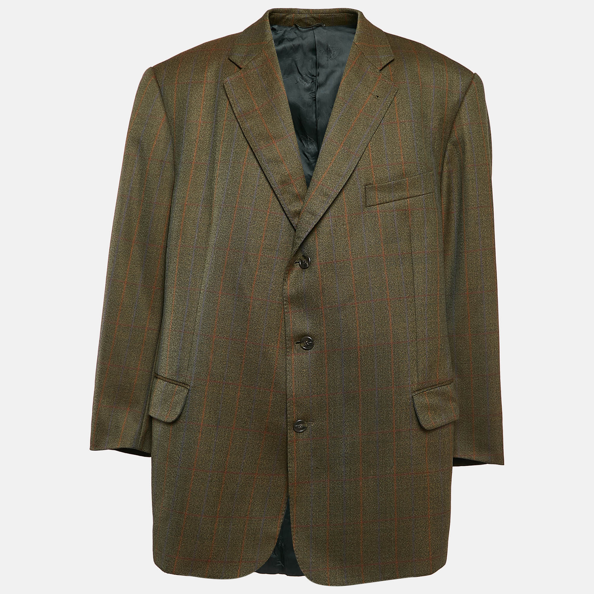 

Burberry Vintage Khaki Green Plaid Wool Single Breasted Blazer