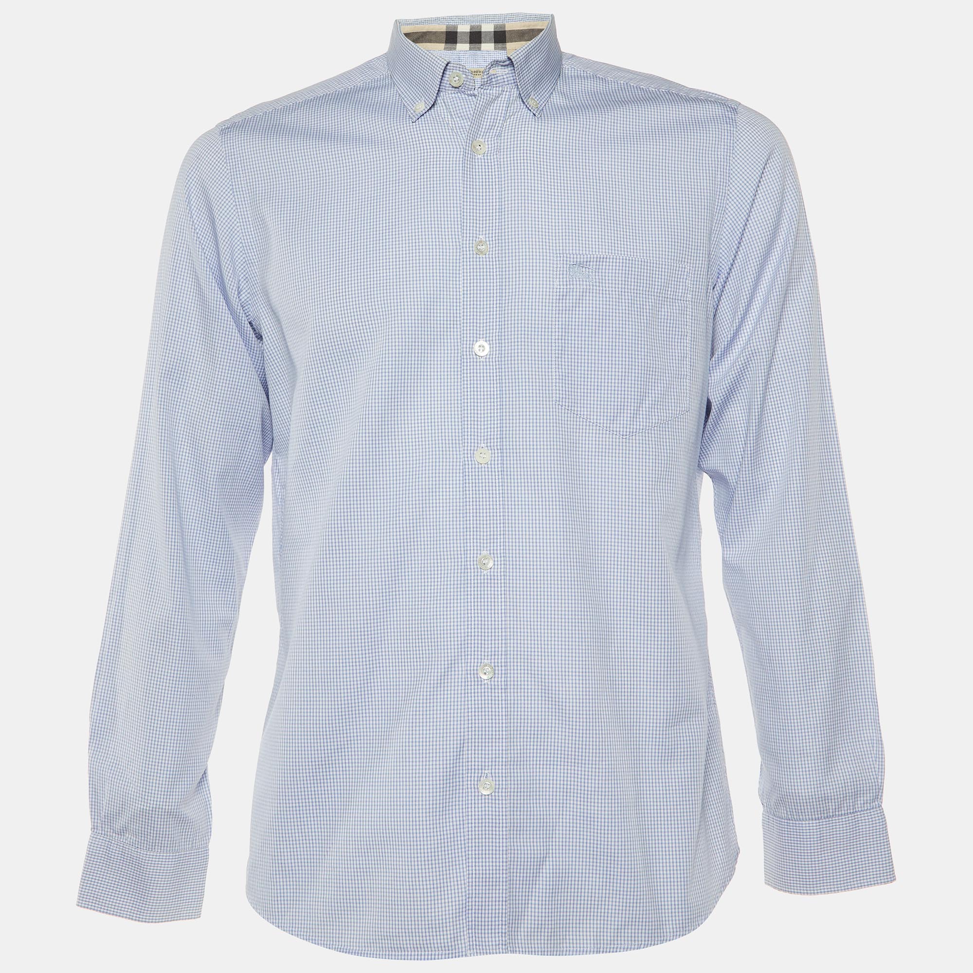 

Burberry Blue Pin Checked Cotton Button Down Shirt M