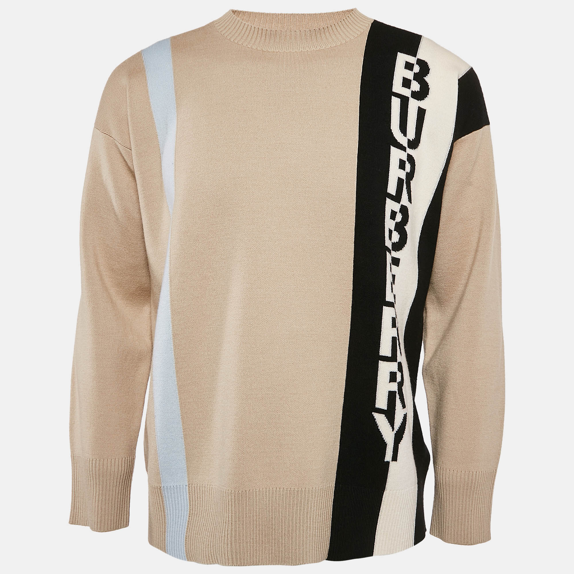 

Burberry Beige Kadey Split Logo Stripe Wool Knit Sweater M