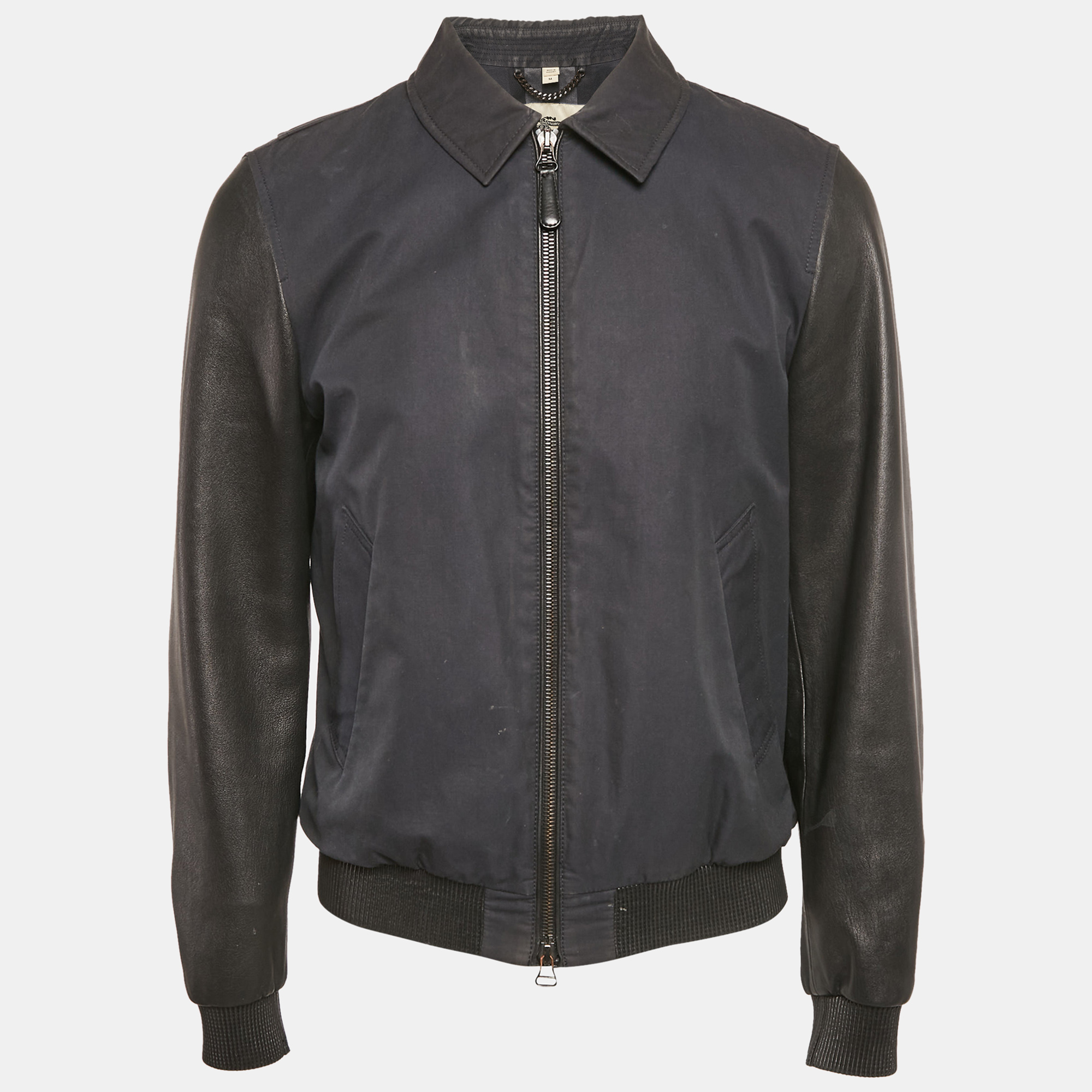 

Burberry Navy Blue Cotton & Black Leather Zip Front Jacket M