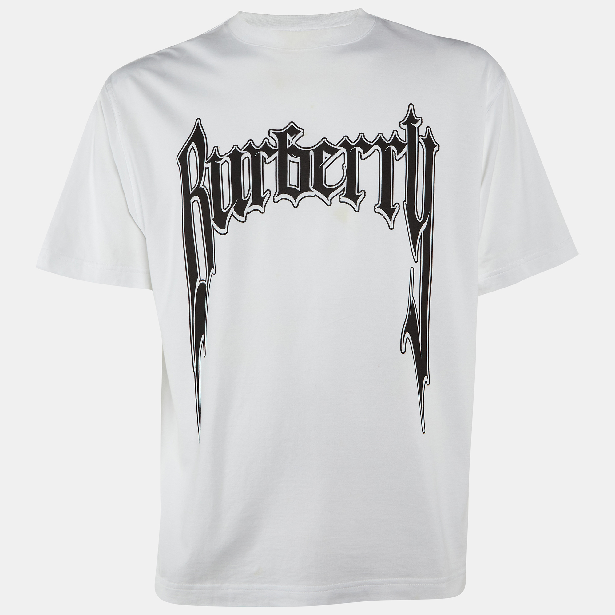 

Burberry Off White/Black Printed Cotton Crew Neck T Shirt XS