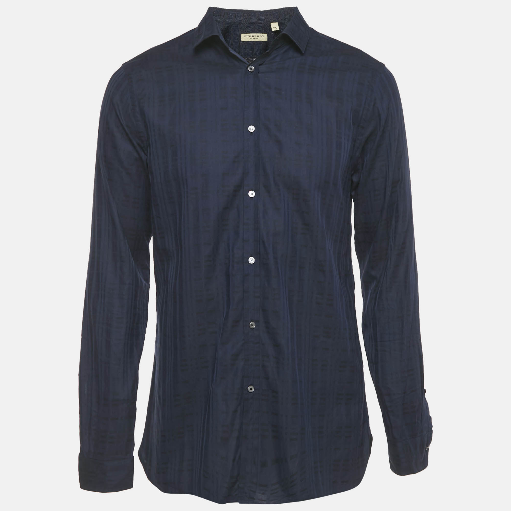 Burberry Navy Blue Checks Cotton Tailored Shirt L