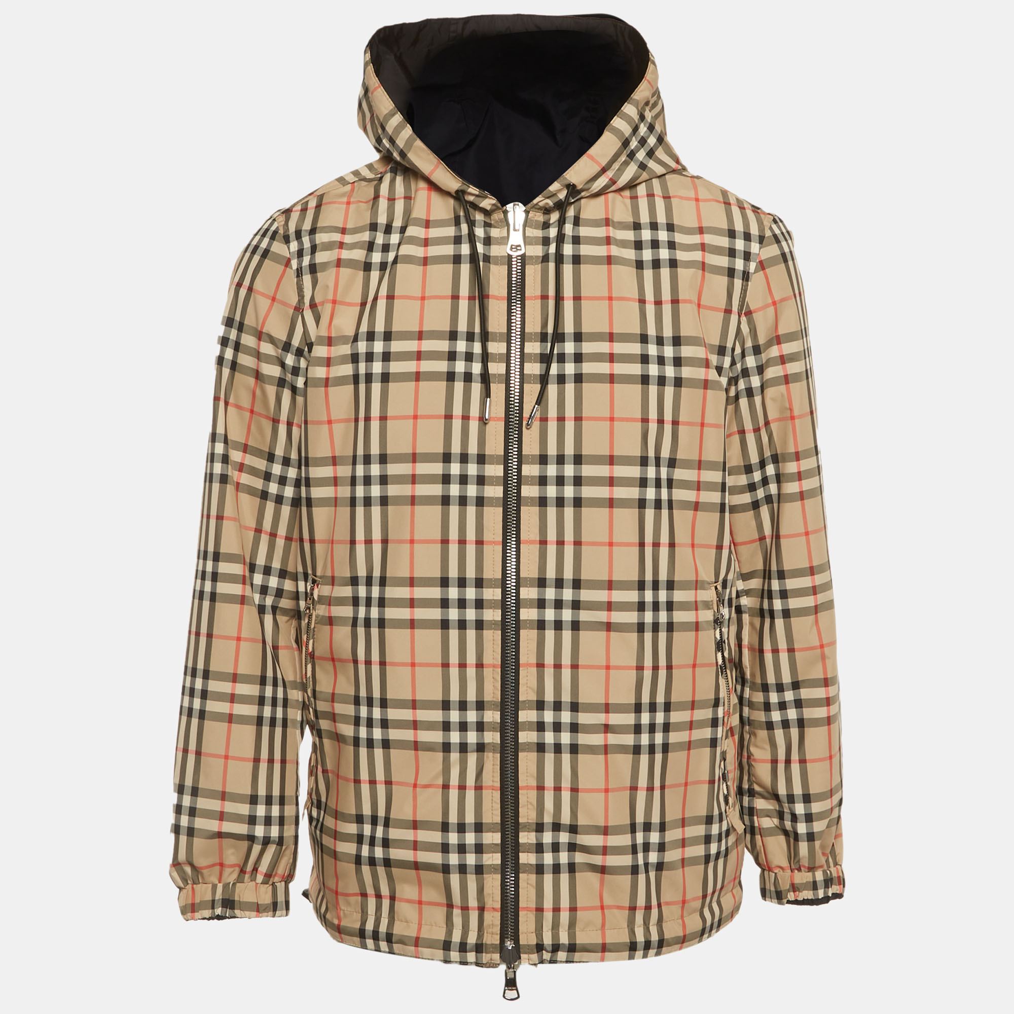 

Burberry Black Check Synthetic Reversible Hooded Jacket XS