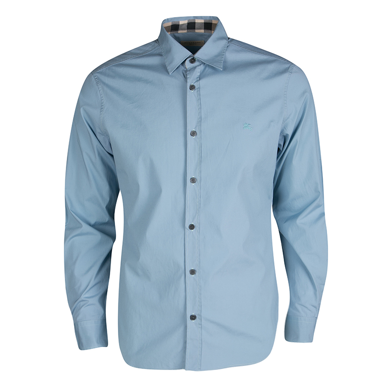 Pre Owned قميص بربري بريت أزرار أمامية أكمام طويلة قطن أزرق فاتح M