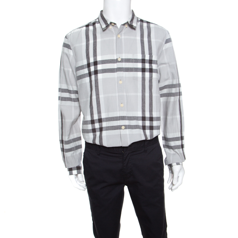 Burberry Brit Grey Linen Plaid Long Sleeve Button Down Shirt XXL