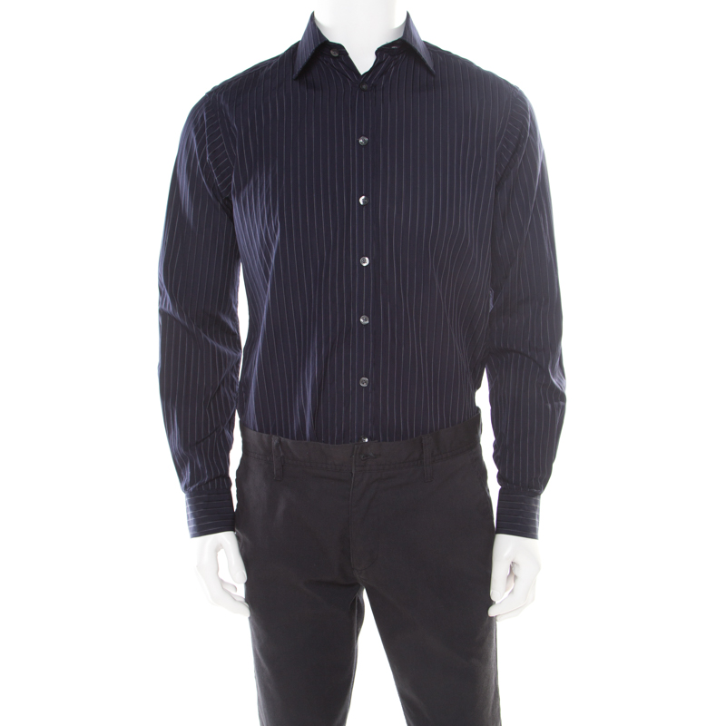 Burberry London Navy Blue Pinstriped Cotton Long Sleeve Button Front ...