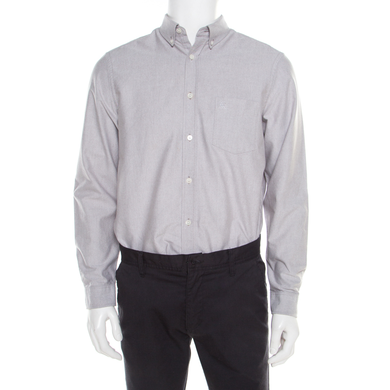 Pre Owned  قميص بربري بريت رياغان بأكمام طويلة وتطريز شعار قطن رصاصي L