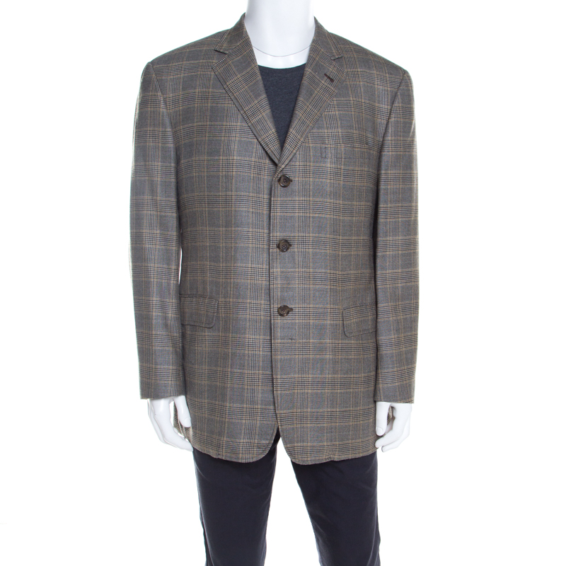 Pre Owned Burberry Grey Houndstooth Patterned Silk and Wool Regular Fit Blazer XL