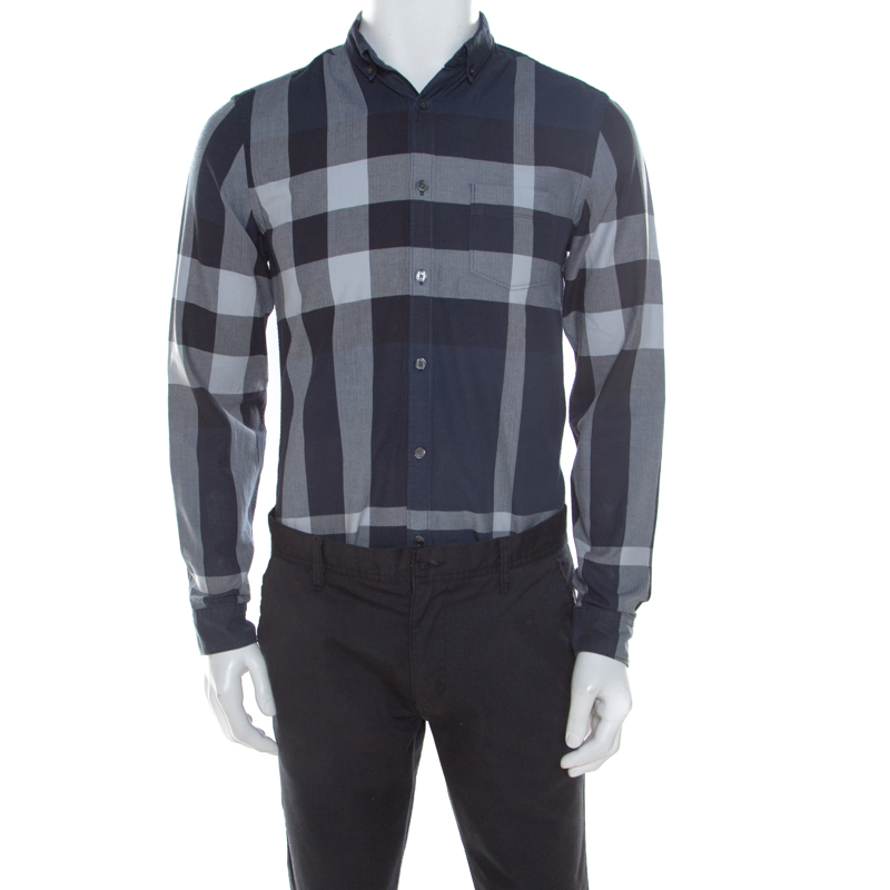 Burberry Brit Navy Blue Checked Cotton Long Sleeve Button Down Shirt S