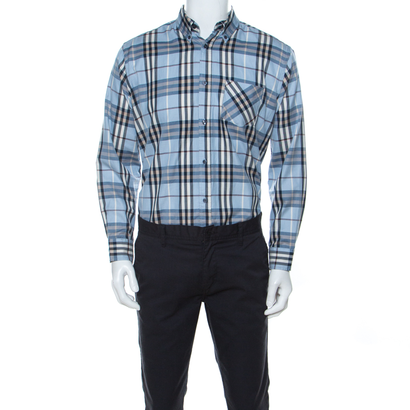 Burberry Blue Novacheck Cotton Blend Long Sleeve Button Front Shirt XL