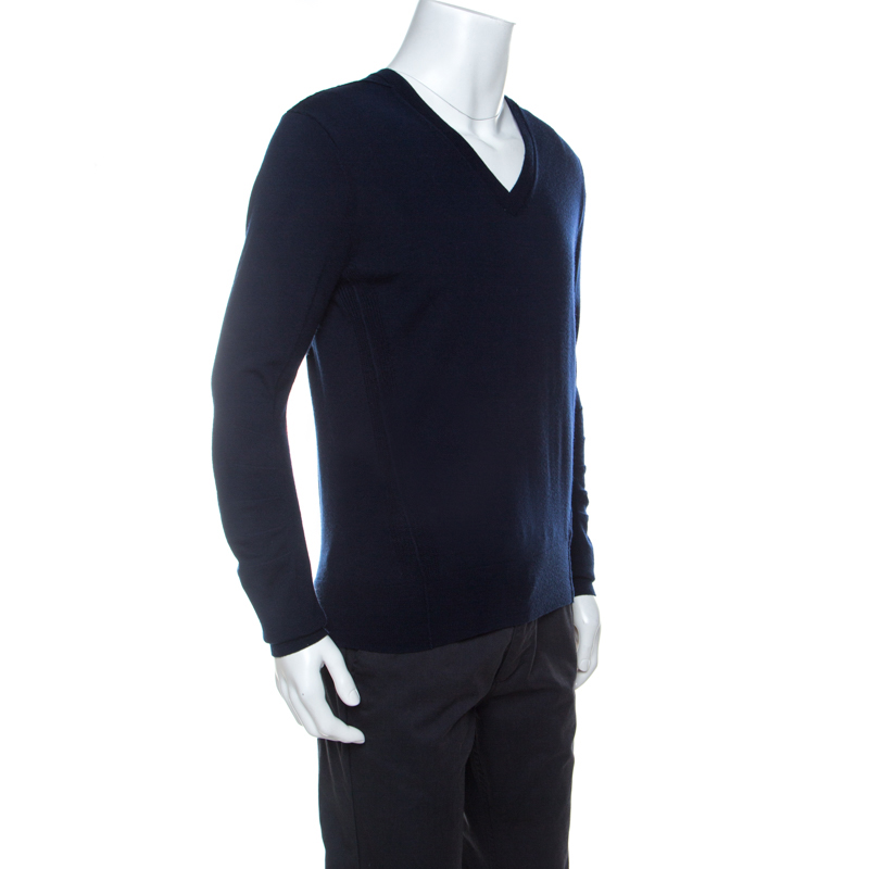 

Burberry Navy Blue Merino Wool Check Detail V Neck Sweater