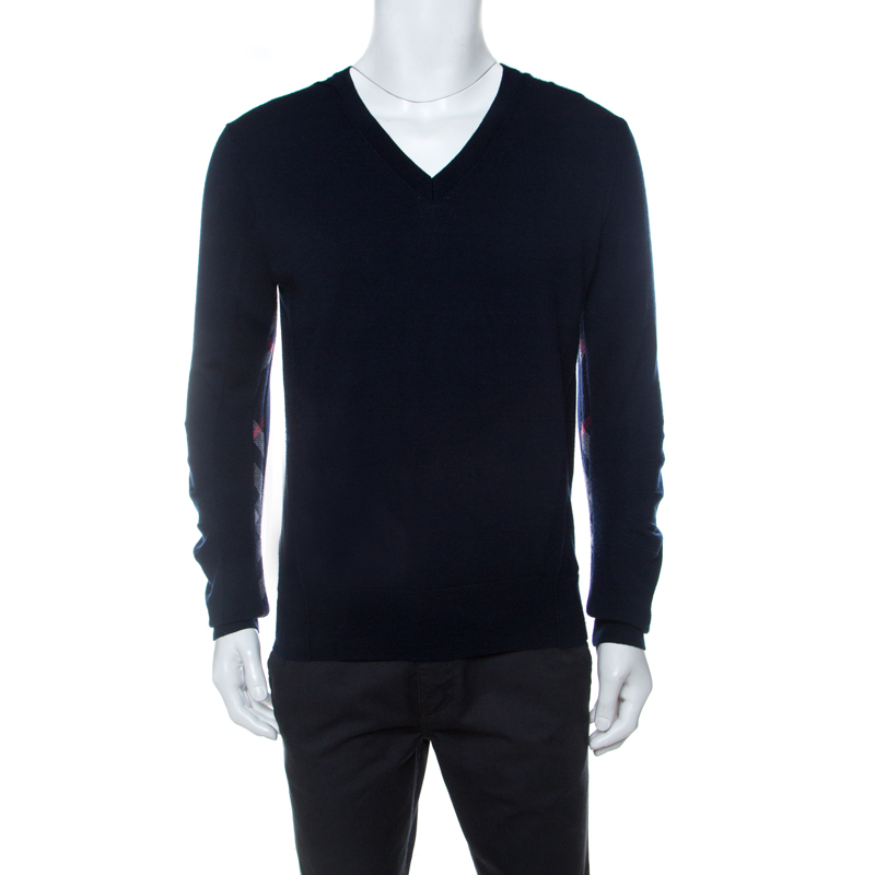 Burberry Navy Blue Merino Wool Check Detail V Neck Sweater M Burberry | TLC