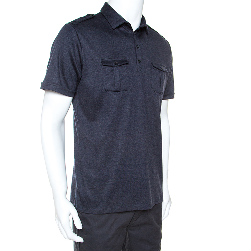 

Burberry Dark Blue Wool Epaulette Detail Polo T-Shirt