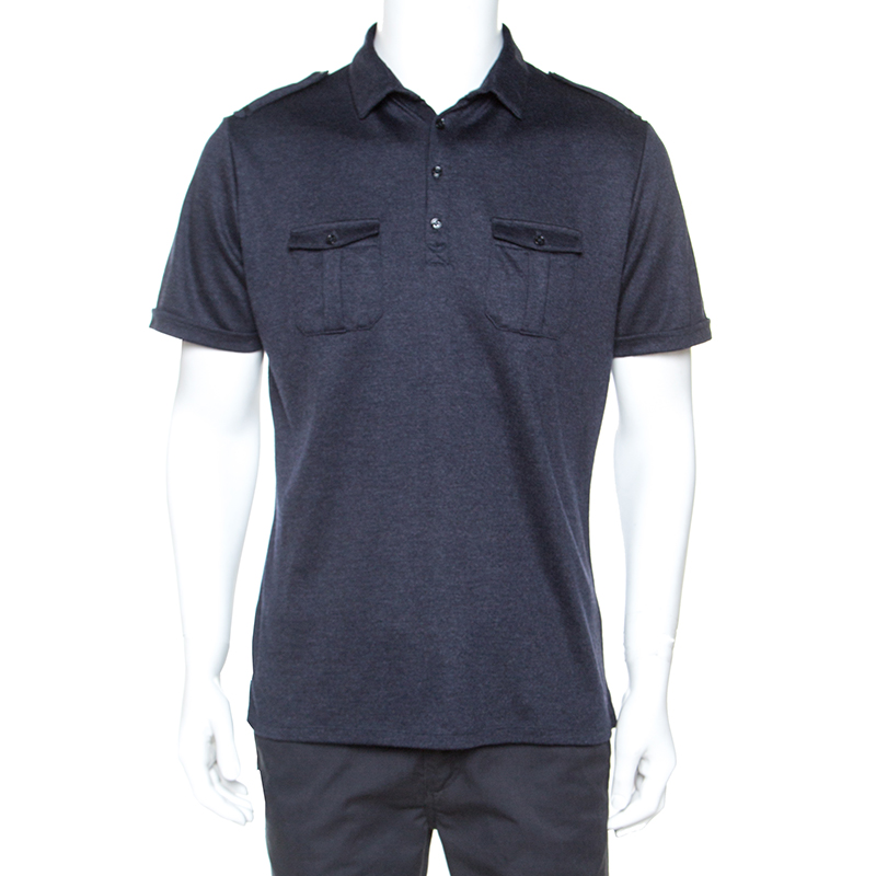 Burberry Dark Blue Wool Epaulette Detail Polo T-Shirt L Burberry | TLC