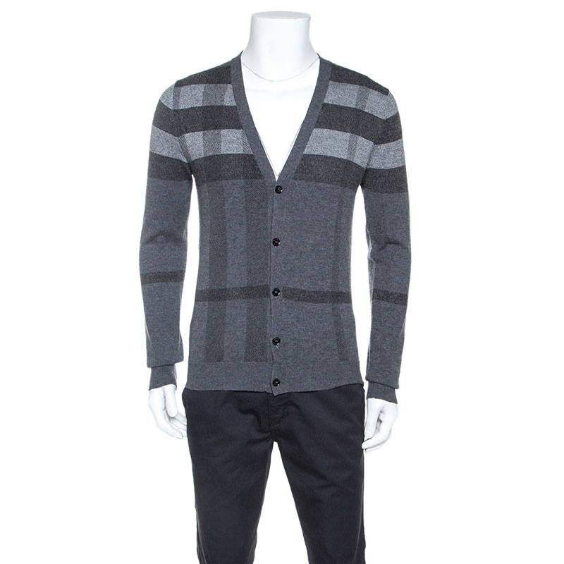Pre Owned Burberry Grey Checked Cashmere Silk Blend Cardigan S