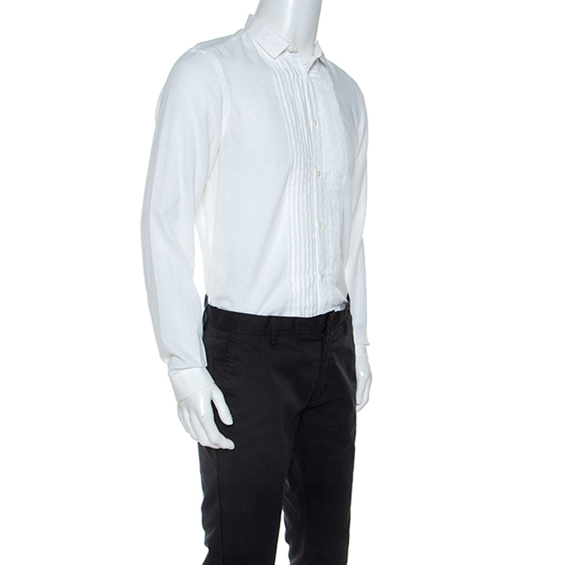 

Burberry White Cotton Pleated Bib Tuxedo Shirt