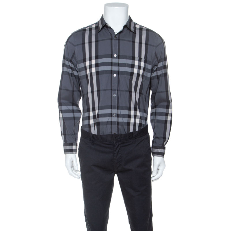 Pre Owned قميص بربري أزرار أمامية قطن مربعات رصاصي L