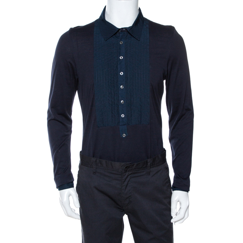 Burberry Navy Blue Knit Pintucked Half Placket Slim Fit Shirt M