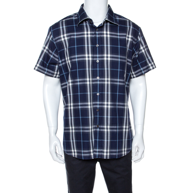 Pre-owned Burberry Navy Blue Plaid Cotton Slim Fit Short Sleeve Shirt Xxl
