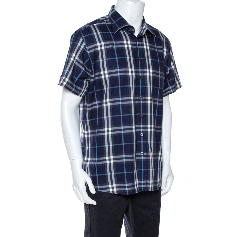 

Burberry Navy Blue Plaid Cotton Slim Fit Short Sleeve Shirt