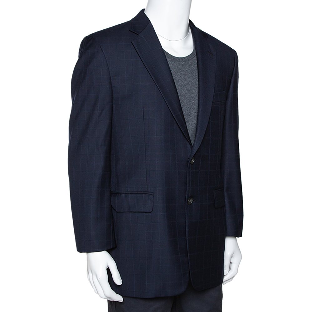 

Burberry Navy Blue Checked Wool Two Buttoned Tailored Blazer M