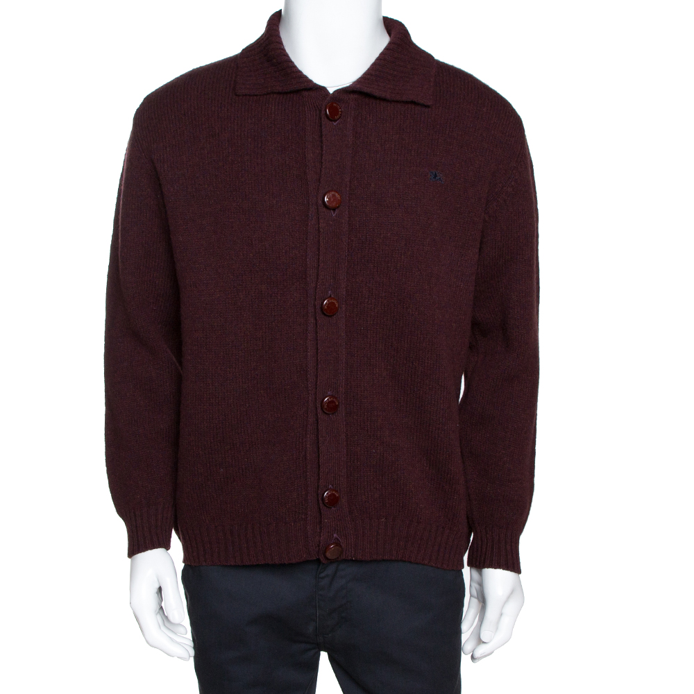 Burberry Burgundy Wool Button Front Cardigan L