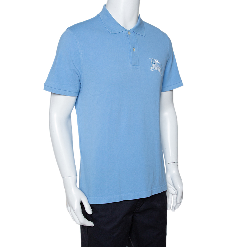 

Burberry Blue Logo Embroidered Cotton Pique Polo T-Shirt