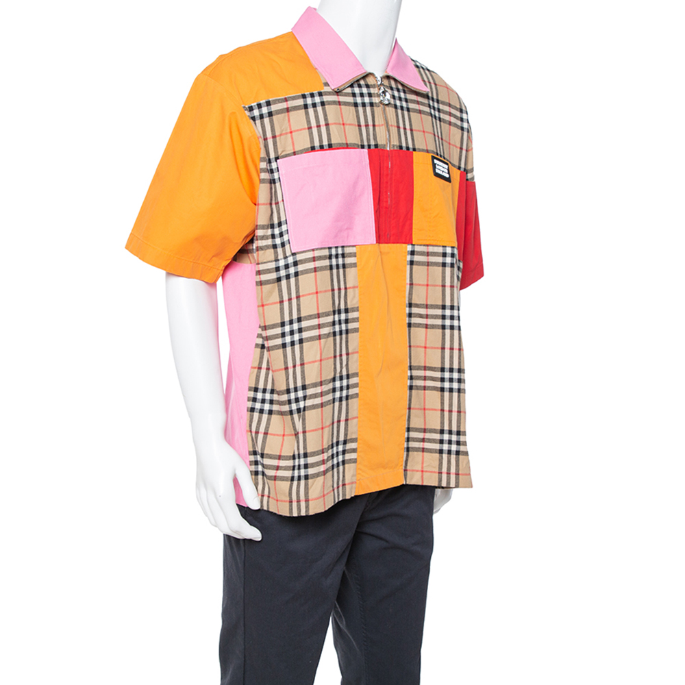 

Burberry Color Block Vintage Check Cotton Zip Front Shirt, Multicolor