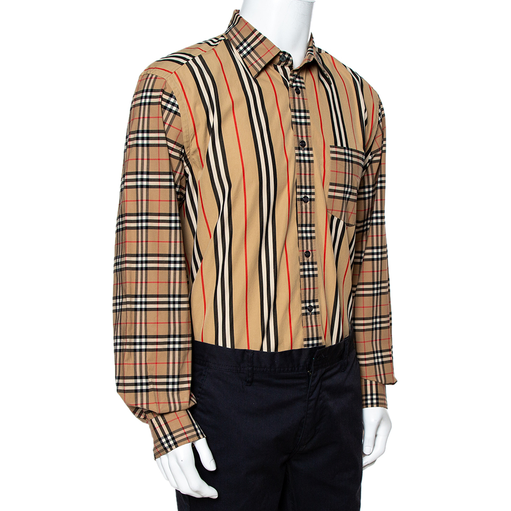 

Burberry Beige Patchwork Stretch Cotton Classic Fit Shirt