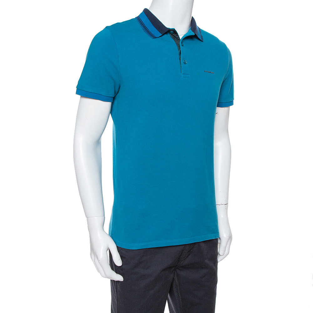 

Burberry Teal Cotton Pique Striped Collar Polo T-Shirt, Blue