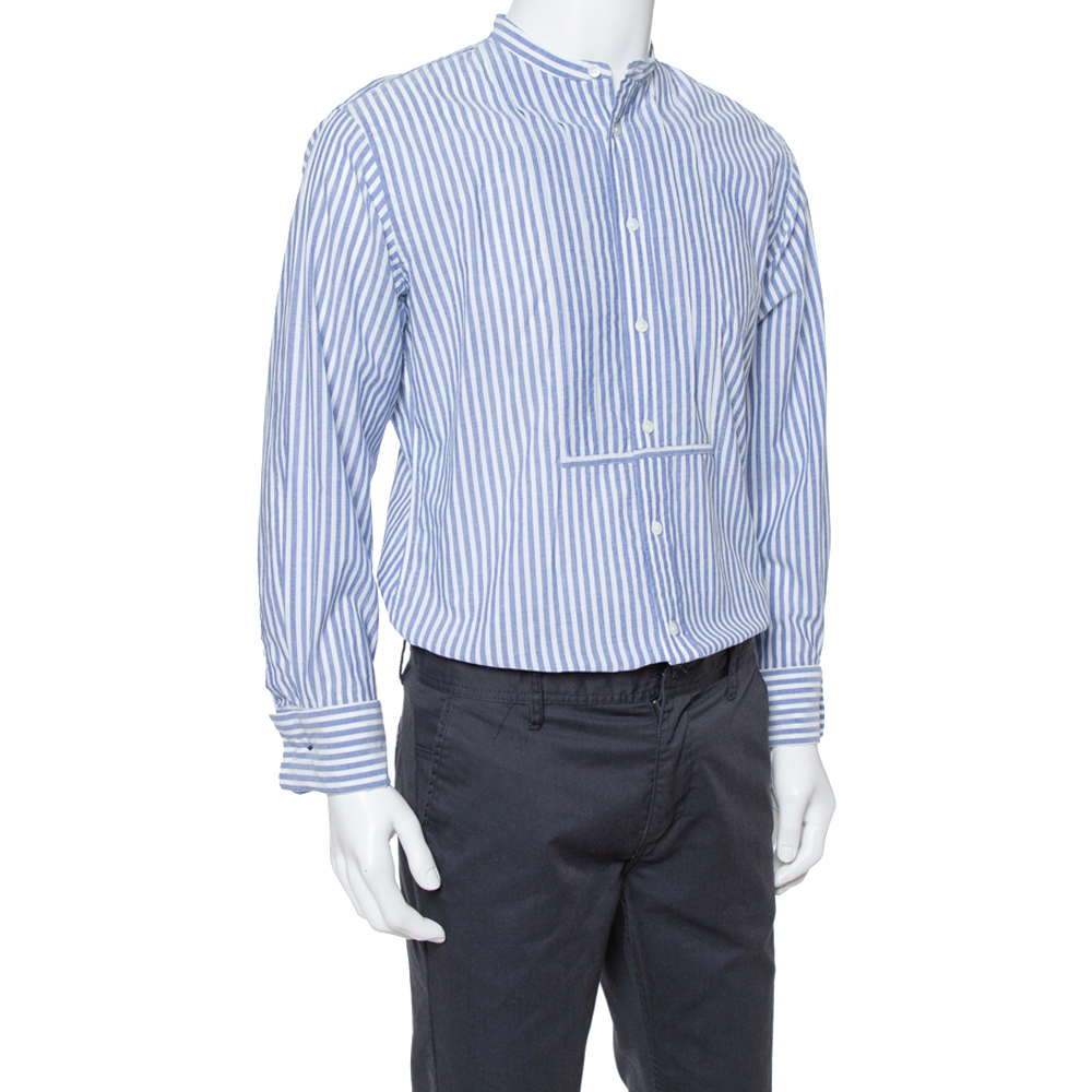 

Burberry Blue Striped Cotton Pleat Front Benfleet Double Cuff Shirt