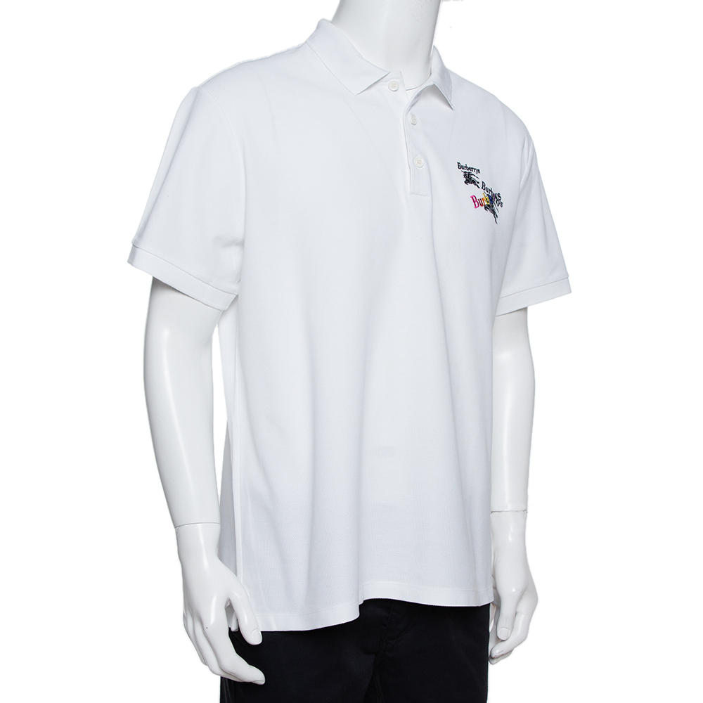 

Burberry White Cotton Pique Triple Archive Logo Embroidered Polo T-Shirt