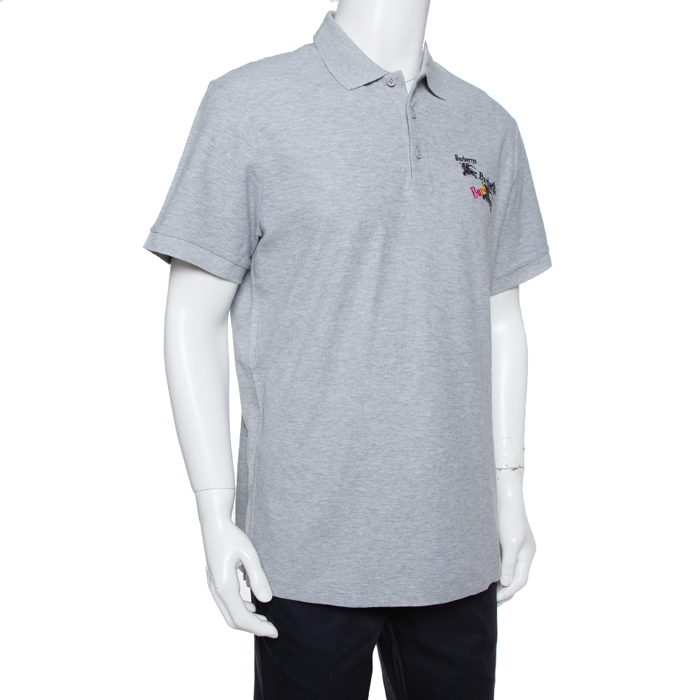 

Burberry Grey Cotton Pique Triple Archive Logo Embroidered Polo T-Shirt