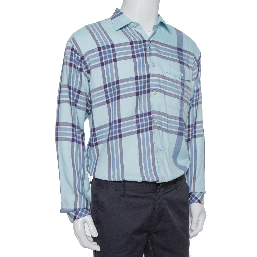 

Burberry Blue Cotton Plaid Button Front Shirt