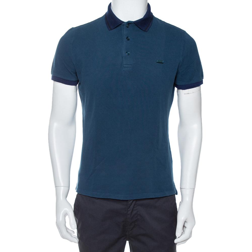 Pre-owned Burberry Deep Teal Blue Cotton Pique Contrast Collar Atkins Polo T-shirt L