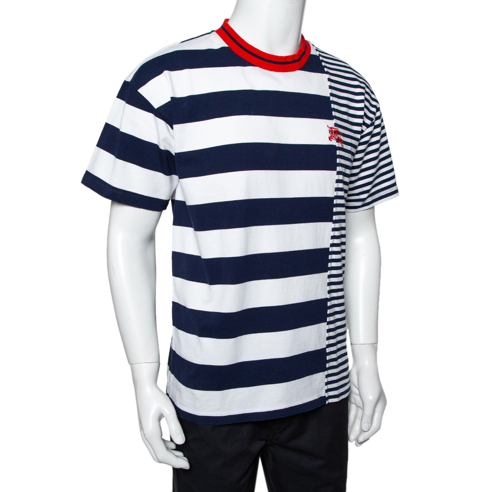 

Burberry Blue & White Striped Cotton Contrast Collar T-Shirt