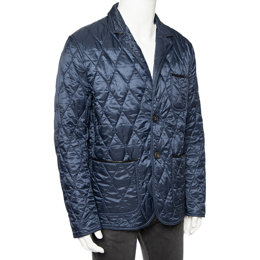 

Burberry Navy Blue Synthetic Leather Trim Quilted Gillington Jacket