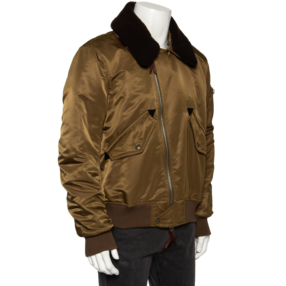 

Burberry Brit Olive Green Synthetic & Lamb Shearling Trimmed Zip Front Jacket