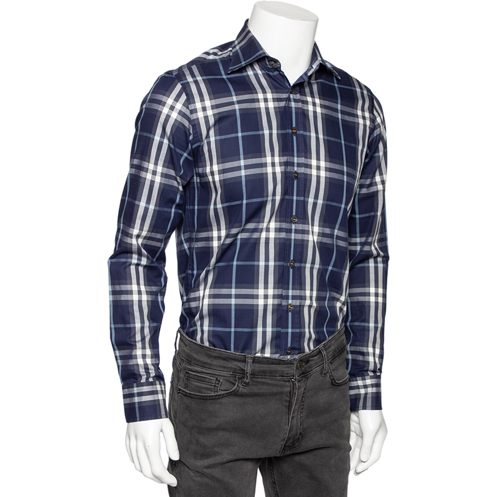 

Burberry Navy Blue Checkered Cotton Button Front Shirt