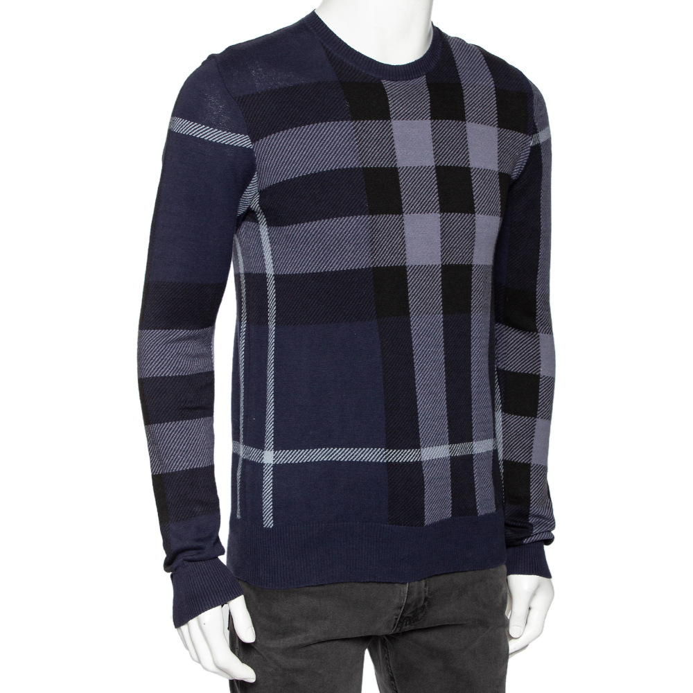

Burberry Navy Blue Checkered Cotton Knit Crewneck Sweater