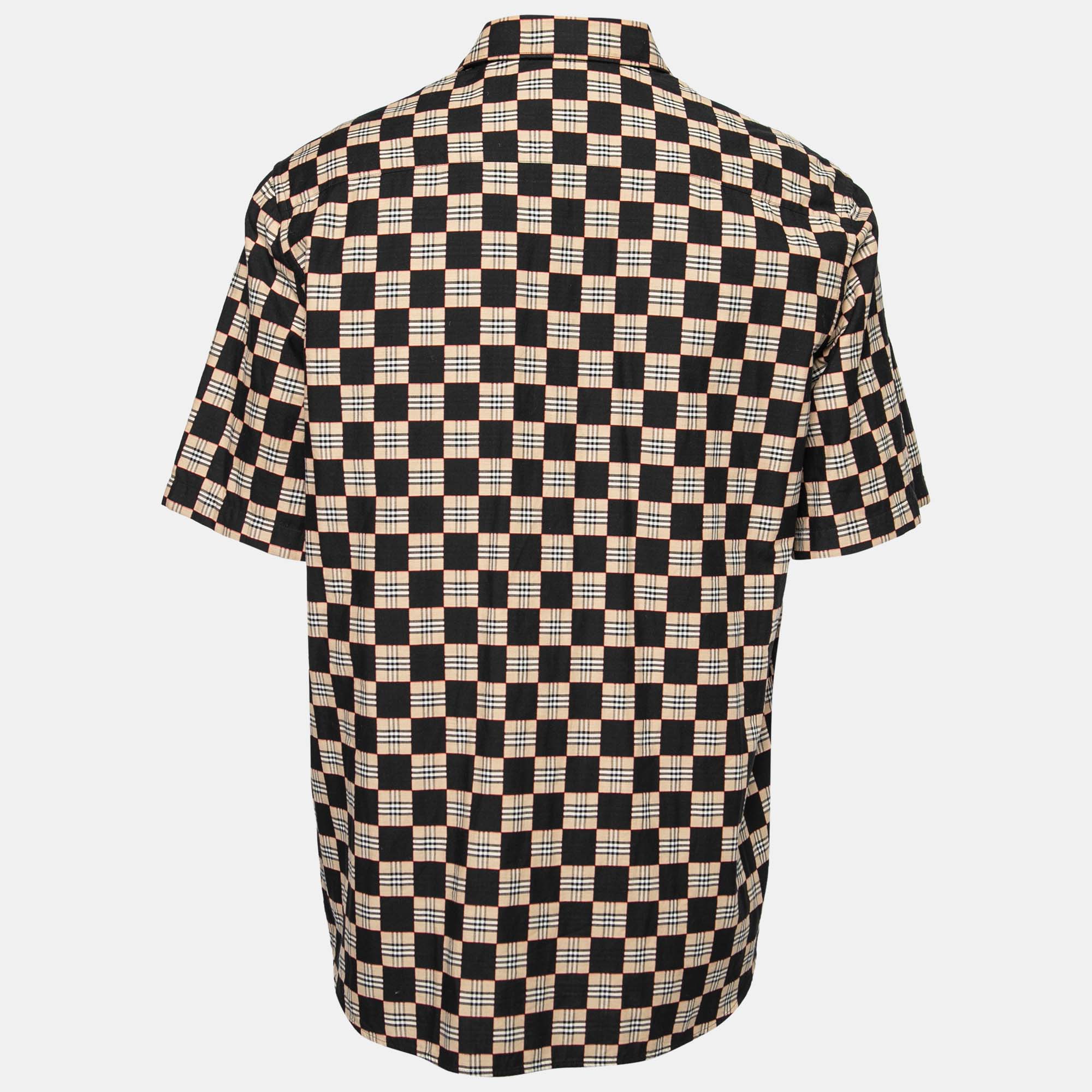 

Burberry Black & Beige Checkerboard Printed Cotton Short Sleeve Shirt
