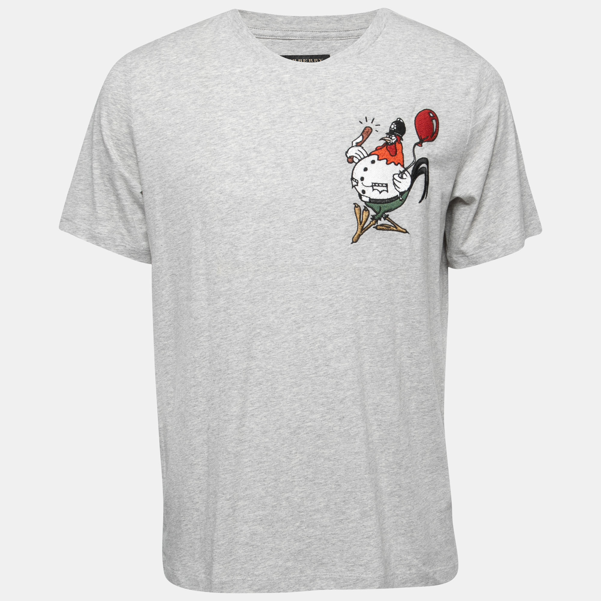 Pre Owned Burberry Grey Cotton Applique Detail Half Sleeve T-Shirt M