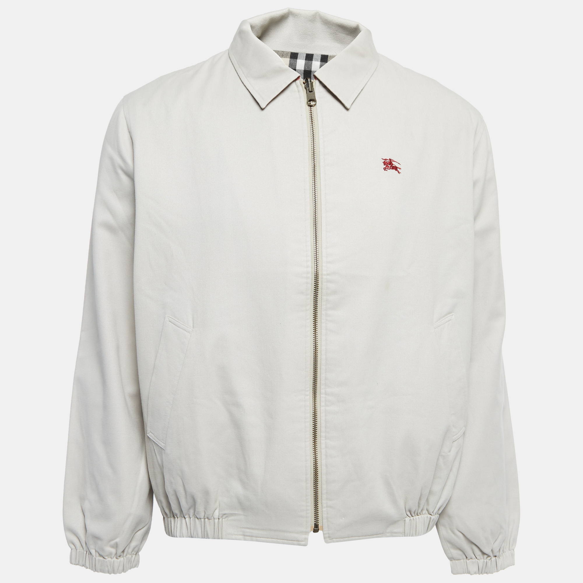 

Burberry Beige Logo Embroidered Cotton Blend Zip Front Jacket