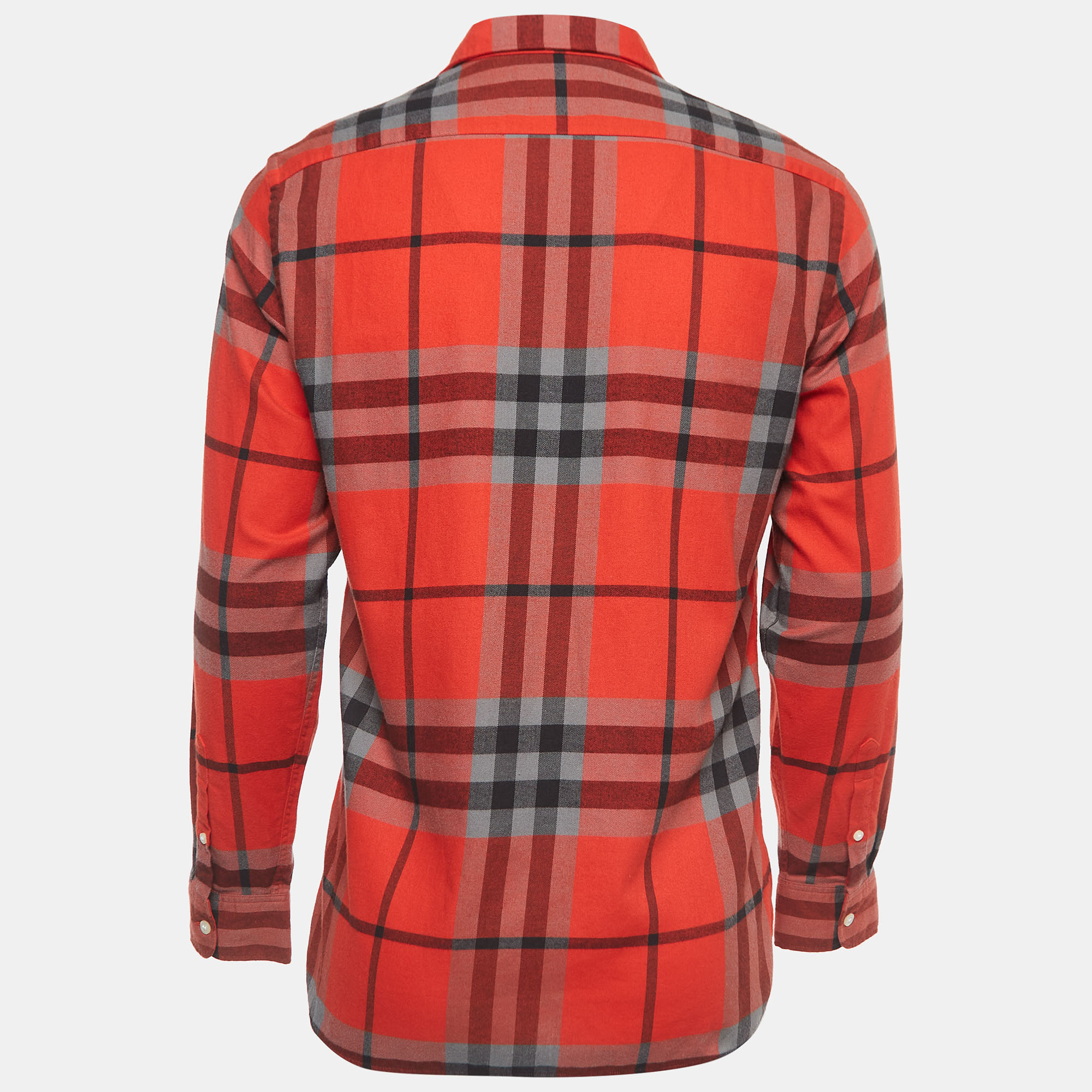 

Burberry Orange Checked Cotton Long Sleeve Button Front Shirt