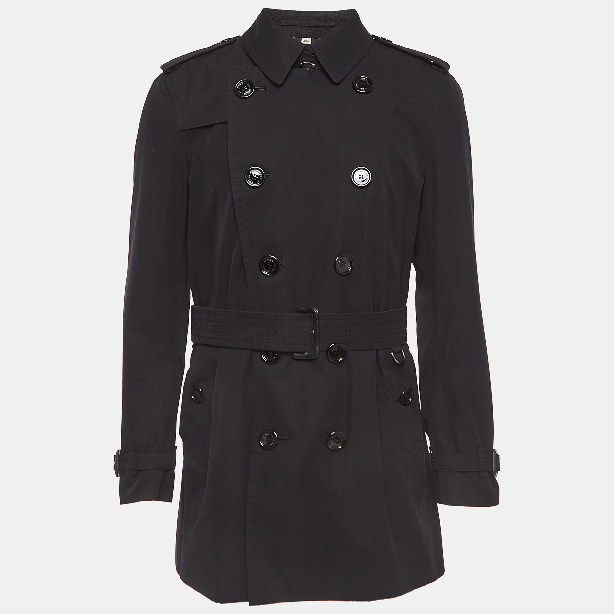 Black Cotton Double Breasted Sandringham Trench Coat