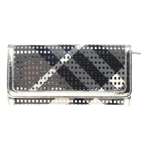 Pre Owned Burberry Silver Woven Leather and Canvas Large Ziggy Wallet